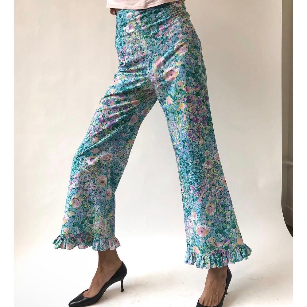 Batsheva Pants Women 6 Blue Multi Monet Floral Artsy Ruffle Side Zip Cottage